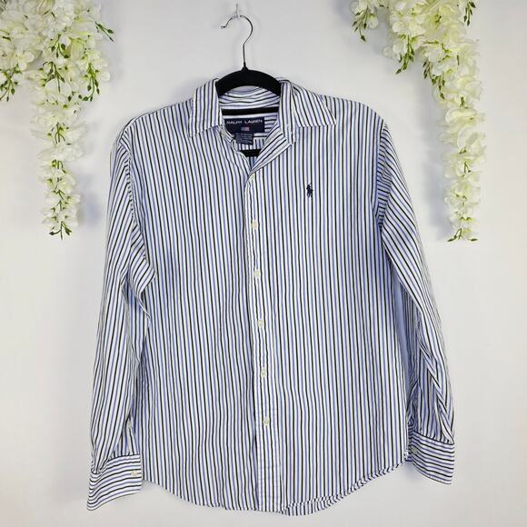 Ralph Lauren Sport Button Down Shirt 10 Blue Striped Cotton Preppy Classic - Picture 2 of 11